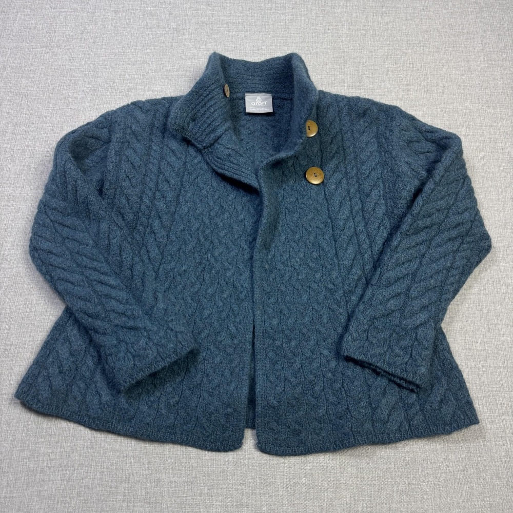 Aran Woollen Mills Merino Wool Cardigan Sweater Women XL Blue Cable-Knit Ireland